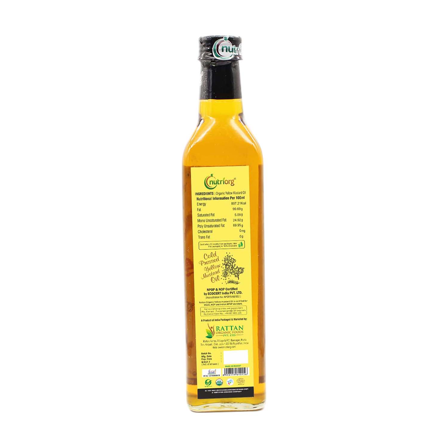 Nutriorg Organic White Sesame Oil 500ml Glass Bottle