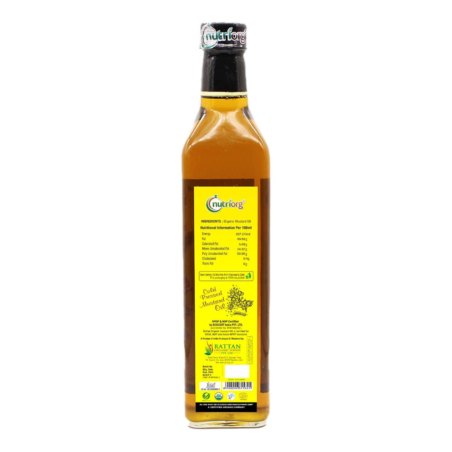 Nutriorg Organic Mustard Oil 500ml Glass Bottle