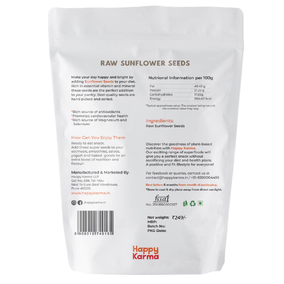Happy Karma Sunflower Seeds 350g | Vitamin and Protein Rich | Raw Sunflower Seeds for Eating | Diet food | SuperSeeds | Superfood |